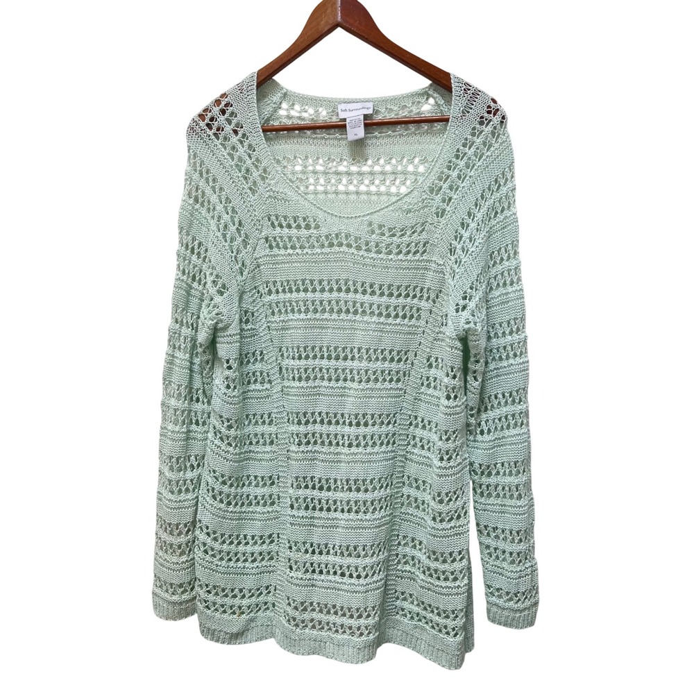 Soft Surroundings Mint Green Open Knit Crochet Sweater XL‎ Boho Pointelle Beach